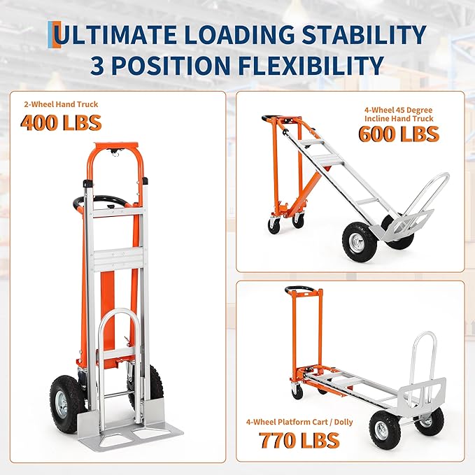 GarveeTech 3 in 1 Convertible Hand Truck Dolly, 770 LBS Load Capacity Folding Cart with Wheels, Elastic Straps, Aluminum Collapsible Dolly Cart for Home, Warehouse, Supermarket, Office