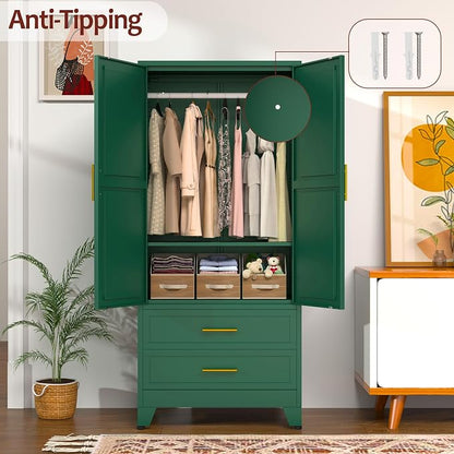 winiowa Metal Armoire Wardrobe Closet with 2 Drawers, 71" Wardrobe Cabinet with Adjustable Shelves and Hanging Rod, Clothing Storage Cabinet Closet for Bedroom-Green
