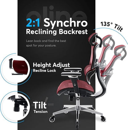 Oline ErgoPro Ergonomic Office Chair with 4D Adjustable Armrest, 3D Lumbar Support and Blade Wheels - Mesh Computer Gaming Rolling Desk Executive Swivel Home Chair (Burgundy Red)