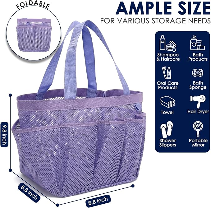 GYEUKHAM Mesh Shower Caddy Portable for College Dorm, Quick Dry Hanging Shower Bag with 8 Pockets, Bathroom Tote Organizer for Gym, Travel, Camping, Purple