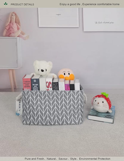 Thick Collapsible Rectangular Storage Bin with Cotton Rope Handles,Grey Chevron Fabric Organizer for Bedroom,Closet,Bathroom (Grey Chevron)