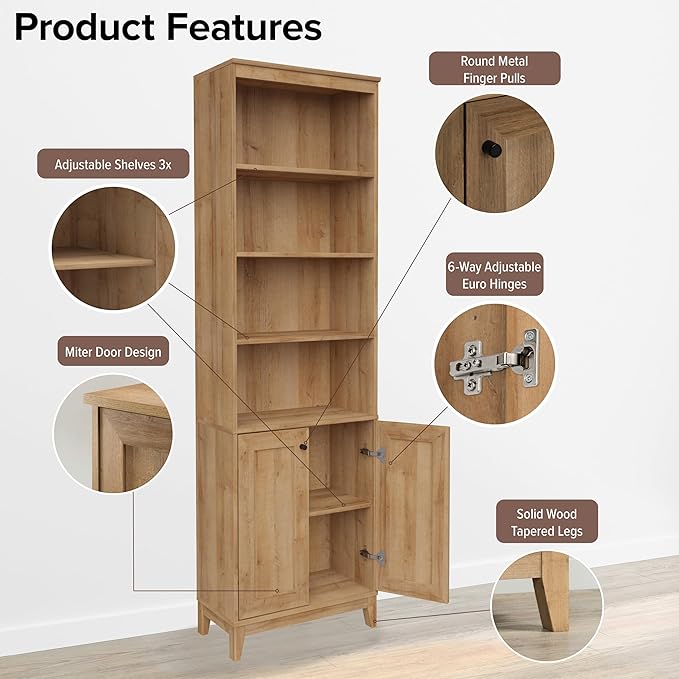 Prepac Yaletown Bookcase with Doors, Oak Storage Cabinet with Doors and Shelves, Accent Cabinet 23.75" W x 79.50" H x 12.25" D, OSBR-2310-1