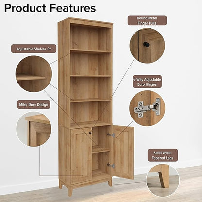 Prepac Yaletown Bookcase with Doors, Oak Storage Cabinet with Doors and Shelves, Accent Cabinet 23.75" W x 79.50" H x 12.25" D, OSBR-2310-1