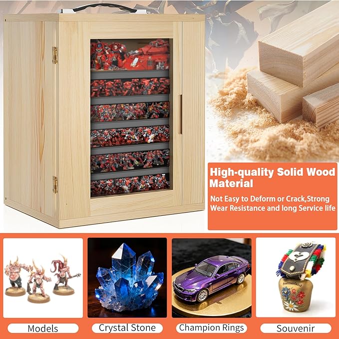 WELIDAY Miniature Storage Case for Collectibles, Miniature Display Cases with Magnetic Door and 6 Trays, Clear View Miniatures Transport Case (Wooden)