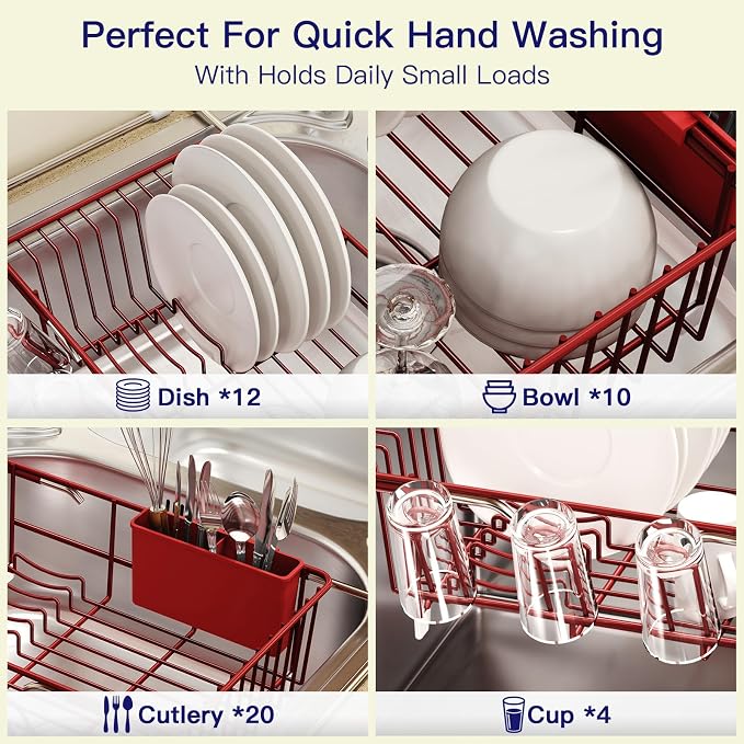 MAJALiS Red Dish Drying Rack Over The Sink with Utensil Holder | Expandable Stainless Steel Dish Drainer for Small Kitchen, Apartment, RV, Counter Space Saving, Perfect Fit, Rustproof