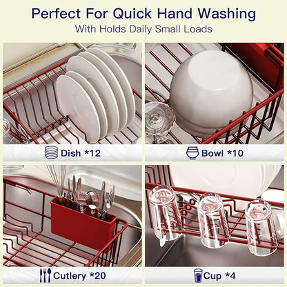 MAJALiS Red Dish Drying Rack Over The Sink with Utensil Holder | Expandable Stainless Steel Dish Drainer for Small Kitchen, Apartment, RV, Counter Space Saving, Perfect Fit, Rustproof