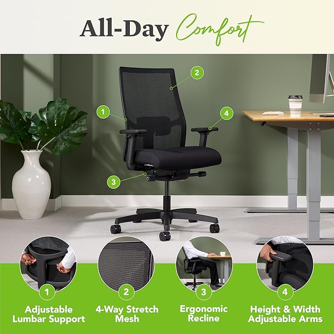 HON Ignition 2.0 Ergonomic Office Chair Fabric Seat, Adjustable Tilt, Swivel Wheels, Comfy for Long Hours, Home Office Desk Chairs, Fog