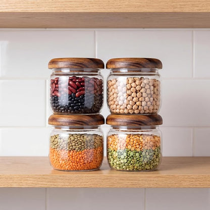 4-Pack 10 fl oz Wide Mouth Mason Jars with Spoon & Labels, Acacia Wood Lids, Press Seal, No Plastic, for Food, Snacks, Candy, Fruits, Coffee Beans, Spices & Dry Storage, Pantry Organizer.