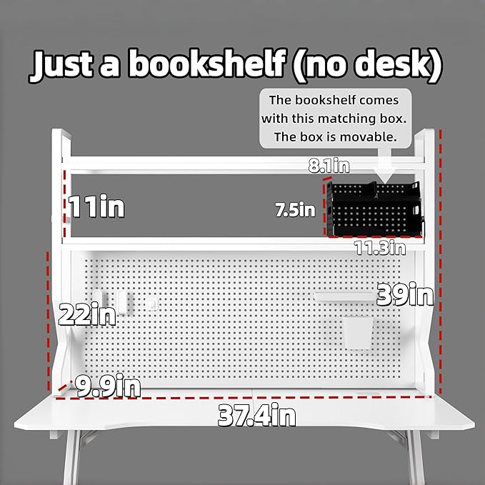 Desktop Hutch Bookshelf,Many Gifts,Metal Desktop Bookcase with pegboard, Desk Shelf White, Countertop Storage Organizer Rack for Dorm or Office,Desktop Shelves(White, 37.4" Lx9.9 Wx39 H)