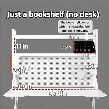 Desktop Hutch Bookshelf,Many Gifts,Metal Desktop Bookcase with pegboard, Desk Shelf White, Countertop Storage Organizer Rack for Dorm or Office,Desktop Shelves(White, 37.4" Lx9.9 Wx39 H)