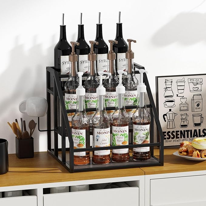 Coffee Syrup Rack Organizer, 3 Tier Countertop Storage Shelves, Kitchen Storage, 12 Syrup Bottle Stand Holder for Wine, Liquor, Kitchen Coffee Station Organizer Rack, 13.8"x13.4"x13.0", Grey