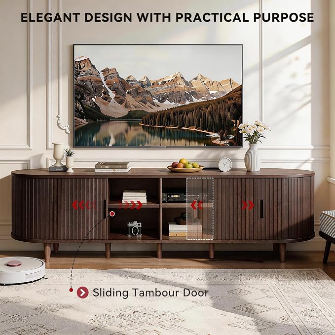 80" Mid Century Modern TV Stand with Power Outlet, Fluted Entertainment Center with Storage and Adjustable Shelves, Wood TV Console with Sliding Doors for Living Room, Walnut