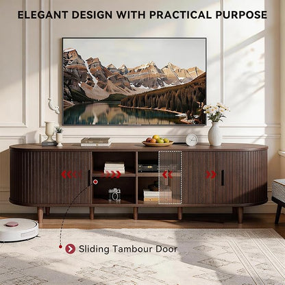 80" Mid Century Modern TV Stand with Power Outlet, Fluted Entertainment Center with Storage and Adjustable Shelves, Wood TV Console with Sliding Doors for Living Room, Walnut