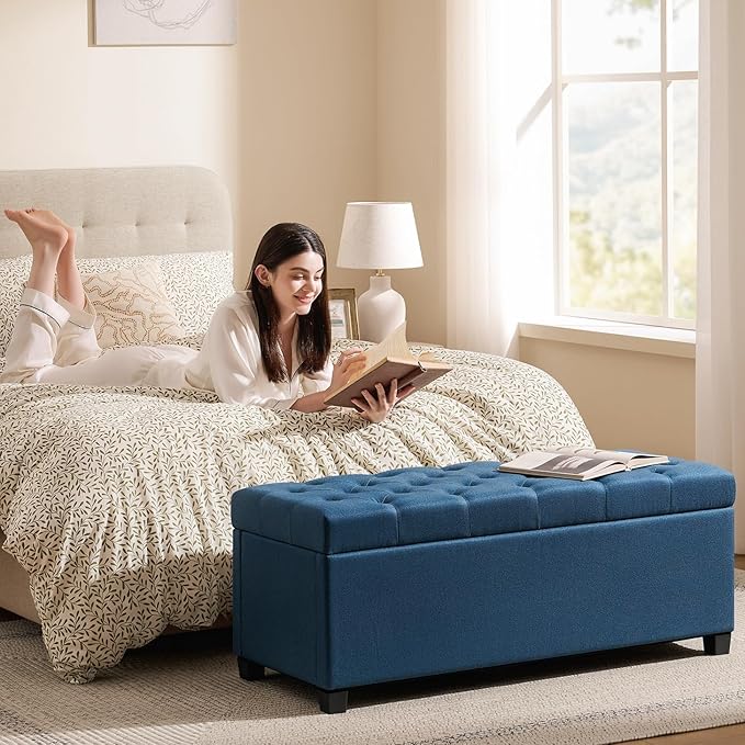 47.2" Ottoman with Storage, Storage Ottoman Bench with Safety Hinge,Tufted End of Bed Bench, Upholstered Entryway Bench for Bedroom, Living Room & Window (Blue-Upgraded Version)