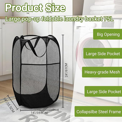 BATTOO Deluxe Strong Mesh Pop up Laundry Hamper Basket with Side Pocket for Laundry Room, Bathroom, Kids Room, College Dorm or Travel 2 Pack Black