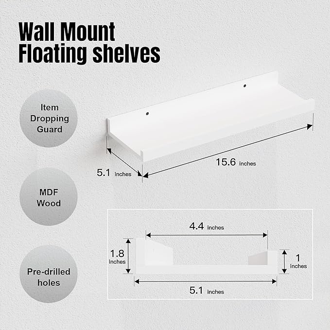 RICHER HOUSE 5 Set White Floating Shelves, Wall Mounted Shelves for Wall Decor, Modern Picture Ledge Shelf with Lip for Storage Nursery, Bedroom, Living Room, Bathroom - White