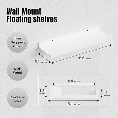 RICHER HOUSE 5 Set White Floating Shelves, Wall Mounted Shelves for Wall Decor, Modern Picture Ledge Shelf with Lip for Storage Nursery, Bedroom, Living Room, Bathroom - White