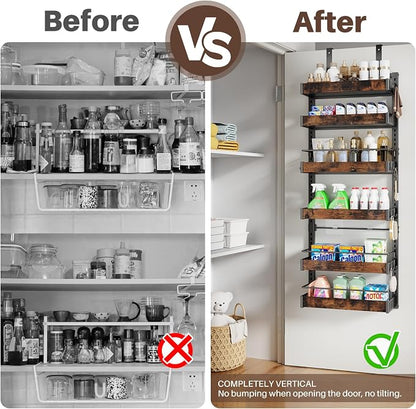 6 Tier Over The Door Pantry Organizer, 2 IN 1 Wall Mount or Metal Hanging Spice Rack for Pantry Organizers and Storage, Seasoning Shelves，Adjustable Basket with Hooks for Kitchen Cabinet and Closet