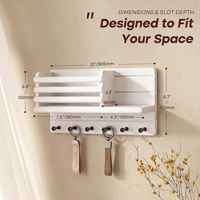 Rebee Vision Farmhouse Pine Wood Key Holder Wall Mount - Key Holder for Wall with Storage Shelf & 6 Hooks - Decorative Mail Organizer with Round Corner for Home Decor (White)