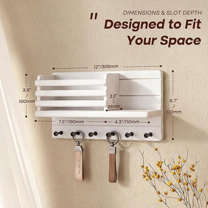 Rebee Vision Farmhouse Pine Wood Key Holder Wall Mount - Key Holder for Wall with Storage Shelf & 6 Hooks - Decorative Mail Organizer with Round Corner for Home Decor (White)