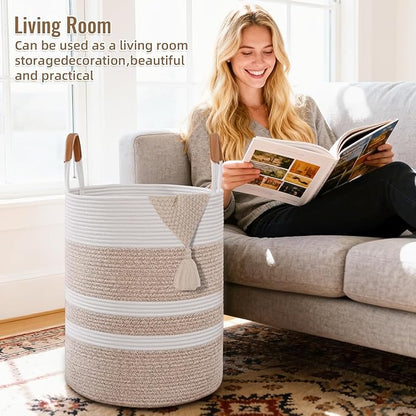 Degeyoyo 75L Striped Laundry Basket, Brown Laundry Hamper with Leather Handles, Woven Cotton Rope Storage Bin for Blankets, Nursery Hamper for Clothes, Toys In Bathroom, Livingroom, Bedroom