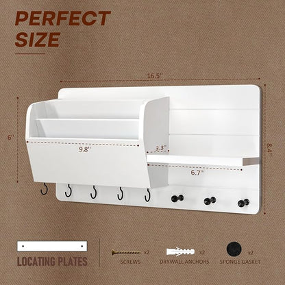 Rebee Vision Pine Wood Modern Key Holder Wall Mount for Home Decor - Mail Holder Wall Mounted with Shelf, Hooks & Mail Slot for Hanging - Rustic File Organizer for Living Room, Entryway (White)