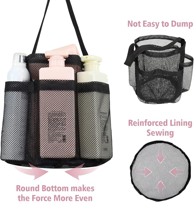 F-color Mesh Shower Caddy Portable, Shower Basket Tote for College Dorm Room Gym Rv Essentials, 8.5" Deeper Pocket Quick Dry Bathroom Caddy Bag with S Hook, 2 Packs Black