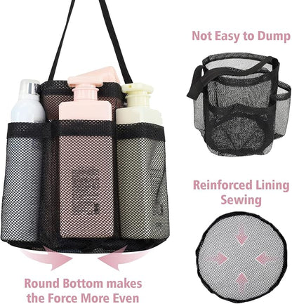 F-color Mesh Shower Caddy Portable, Shower Basket Tote for College Dorm Room Gym Rv Essentials, 8.5" Deeper Pocket Quick Dry Bathroom Caddy Bag with S Hook, 2 Packs Black