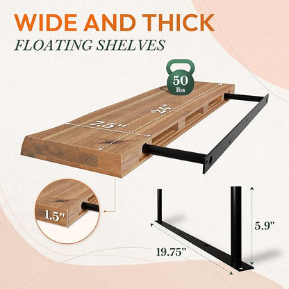 Howizz 24" Acacia Live Edge Floating Shelves Set of 2 - Wall Mounted Wooden Shelf for Stylish Home Décor - Teak Look Color 24x7.5x1.5 Inches