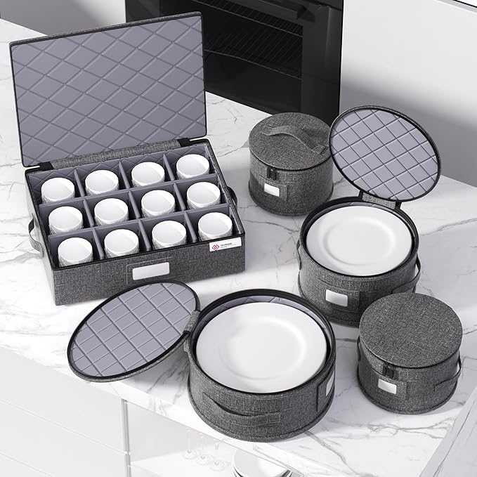 YearningHome China Storage Containers,4 Piece Set,Hard Shell Moving Boxes for Dishes,Plate,Dinnerware,Saucers Quilted Organizer Dividers for Packing Fine China Storage Containers,Grey