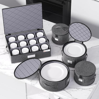 YearningHome China Storage Containers,4 Piece Set,Hard Shell Moving Boxes for Dishes,Plate,Dinnerware,Saucers Quilted Organizer Dividers for Packing Fine China Storage Containers,Grey