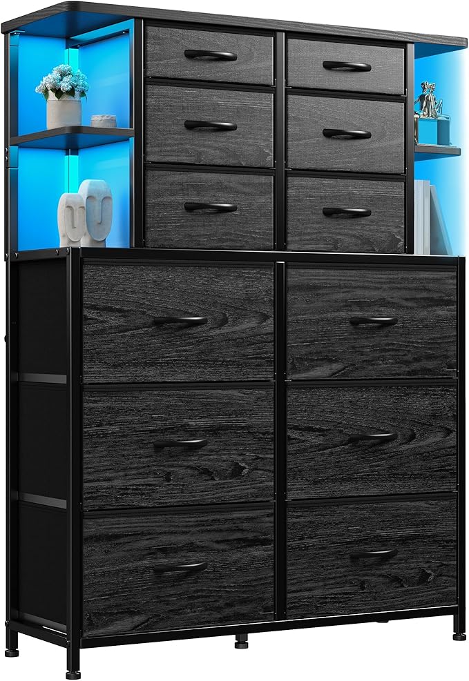 EnHomee Dresser with 12 Drawers & LED Lights, Dresser for Bedroom with 4 Open Storage Shelves, Fabric Dressers & Chests of Drawers, Metal Frame, Wood Top,45.2" H x 35.4" W x 11.8" D, Black