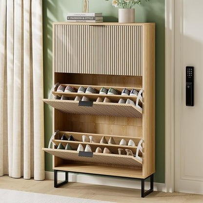 Shoe Cabinet Storage with 3 Flip Drawers, Shoe Organizer Cabinet for Entryway, Modern Freestanding Hidden Shoe Rack Organizer Shoe Cupboard for Hallway, Natural Wood