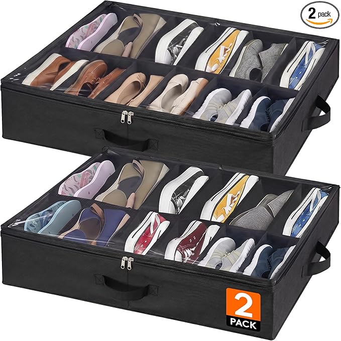 Lifewit Under Bed Shoe Storage Organizer 2 Pack(12 Shoes Cells), 4.3 Inches Profile Fabric Shoes Container Box with Clear Cover, Foldable Storage Bag with 2 Handles, Fits 12 to 24 Pairs
