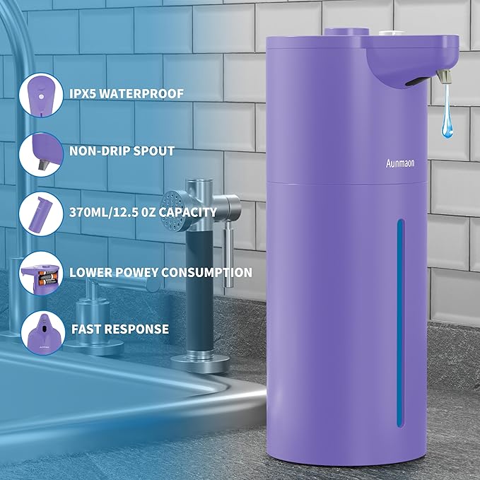 Aunmaon Automatic Soap Dispenser Touchless, Hands-Free, Multi Adjustable Volume, Long Battery Life, Compatible with Thick & Thin Dish/Hand Soap for Bathroom and Kitchen, Easy for Toddlers, Purple
