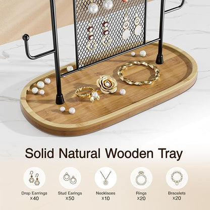 bussdis Jewelry Holder Organizer Earring Display - Earring Storage Tree Stands Towers With 6 Hooks 300 Studs Wood Tray Black Metal Rack