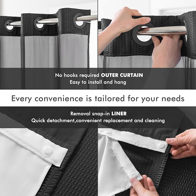 Mrs Awesome No Hook Shower Curtain with Snap-in Liner Less Time On/Off, Embossed Waffle-Look Textured Fabric Shower Curtain for Bathroom, Soft & Lightweight, 71x74, Black