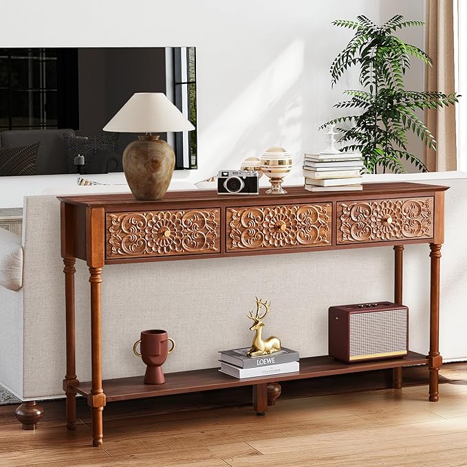 55.5" Carved Console Table with 3 Drawers, 2-Tier Sofa Table with Glossy Floral Surface and Solid Wood Legs, Mid-Century Modern Entryway Table for Living Room Hallway (Walnut)