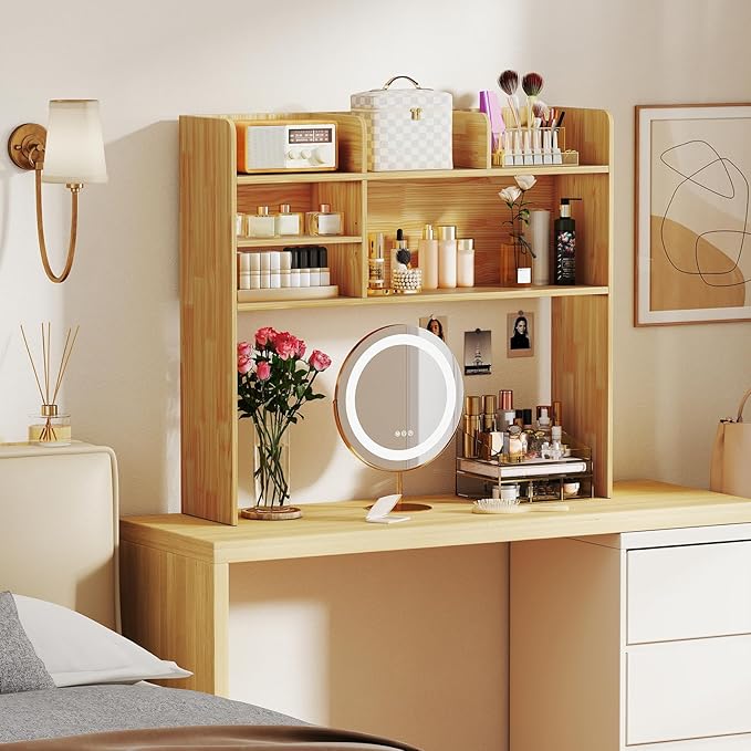 Desk Hutch, Desktop Shelf with 6 Shelves, Desk Bookshelf w/Anti-Toppling Devices, Wood Table Top Bookshelf Organizer, Small Desk Shelf for Study, Office, Dorm (Burlywood, 6 Shelves)