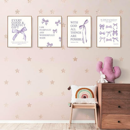 LARTSFRO Coquette Purple Bow Wall Art Decor Posters, Purple Bow Room Bedroom Bathroom Dorm Wall Art Decor Aesthetic for Teen Girls Gifts, Inspirational Bible Verses Bow Wall Decor, 10x8 Inch Set of 4 Pcs Bow Pictures (UNFRAMED)