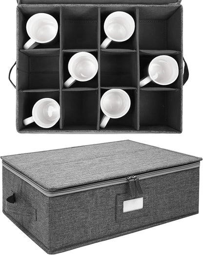 popoly Mug Storage Box with dividers, China Coffee Cup Storage Containers with Zipper Lid and Rivet Reinforced Handles, Holds 12 Coffee Mugs and Tea Cups, Structured Top and Stackable (Grey)