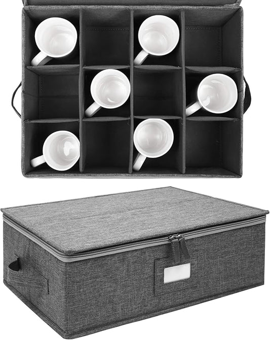 popoly Mug Storage Box with dividers, China Coffee Cup Storage Containers with Zipper Lid and Rivet Reinforced Handles, Holds 12 Coffee Mugs and Tea Cups, Structured Top and Stackable (Grey)