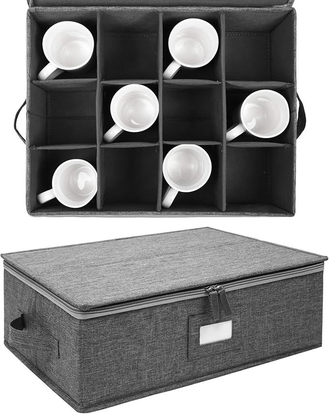 popoly Cup and Mug Storage 2 Pack, Coffee Mug Storage Holds 24 Mugs, Tea Cups and Glasses with with Hard Shell and Dividers, Hard Top, Sides and Stackable (Grey)