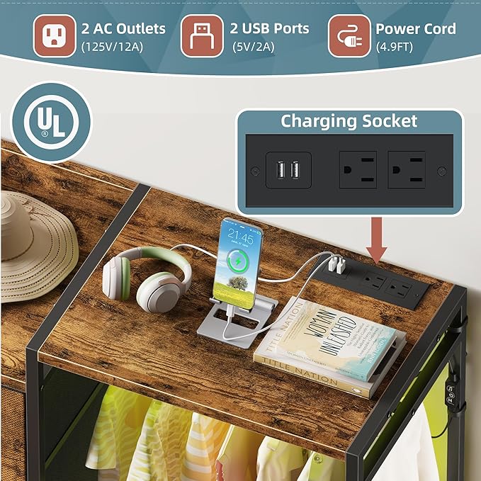 Dresser with Hanging Rack, 8-Drawer Dresser for Bedroom with Charging Station & LED Lights, Kids Dressers with Shoe Rack, Rustic Brown, 11.8" D x 42" W x 42.7" H (8 Drawers)