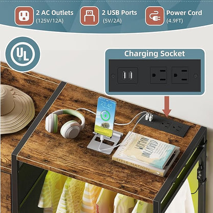 Dresser with Hanging Rack, 8-Drawer Dresser for Bedroom with Charging Station & LED Lights, Kids Dressers with Shoe Rack, Rustic Brown, 11.8" D x 42" W x 42.7" H (8 Drawers)