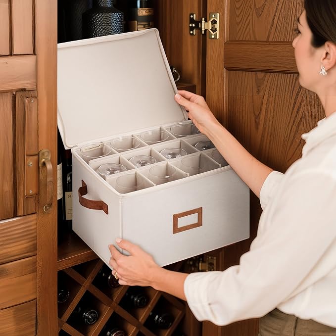 StorageWorks Stemware Storage Cases, Hard Shell Wine Glass Storage Box with Dividers for Glassware, Crystal, and China Holds 12 Standard Size Wine Glasses, 2 Pack, Beige