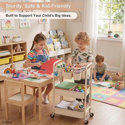 3 Tier Beige Rolling Storage Cart Metal on Wheels, Cream Three Tiered Diaper Caddy with Wheels,Utility Organizer Trolley for Nursery,Postpartum,Art,Craft,Khaki Roller Bedside Carts for Baby Essentials