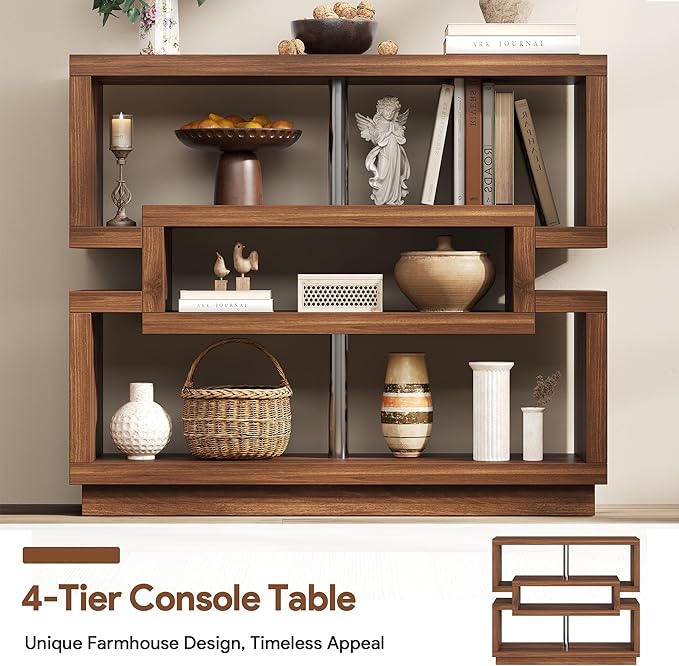 40'' Console Table for Entryway, 4-Tier Narrow Entryway Table with Storage, Farmhouse Sofa Tables Behind Couch with Sturdy Base, Accent Tables for Entrance, Living Room, Hallway, Foyer, Walnut Brown