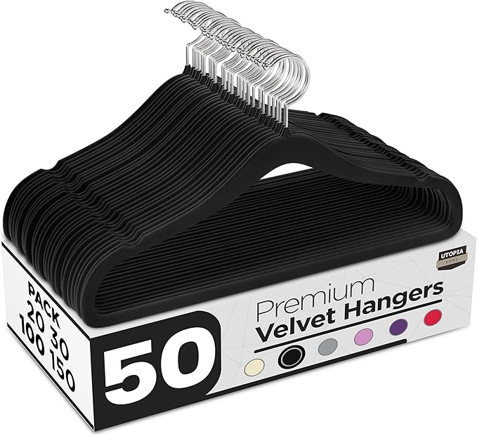 Utopia Home Velvet Hangers 50 Pack – Luxury Non-Slip Slim Suit & Coat Hangers, Strong Space-Saving Clothes Hangers with Pants Bar and 360° Swivel Hook – Black