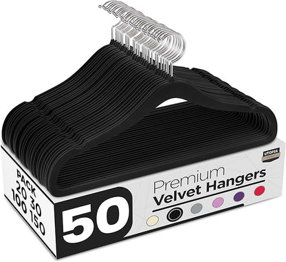 Utopia Home Velvet Hangers 50 Pack – Luxury Non-Slip Slim Suit & Coat Hangers, Strong Space-Saving Clothes Hangers with Pants Bar and 360° Swivel Hook – Black